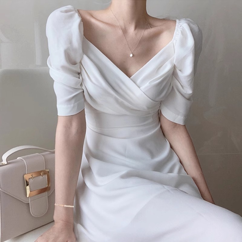 Women Fashion Sexy Vintage Korean V-Neck Leak Collar Solid High Waist ...