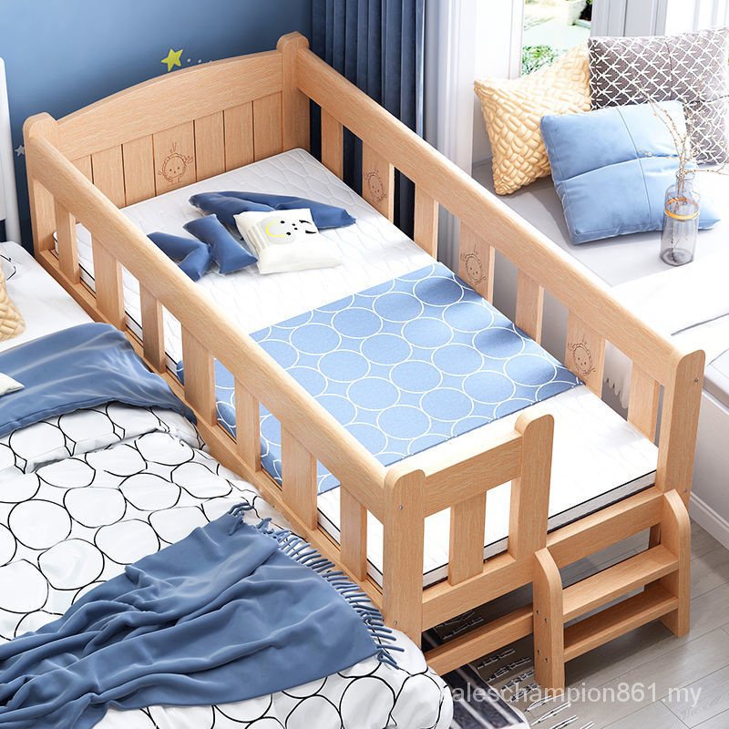 Children Splicing Bed Baby Bed With Guardrail Solid Wood Single Bedside ...