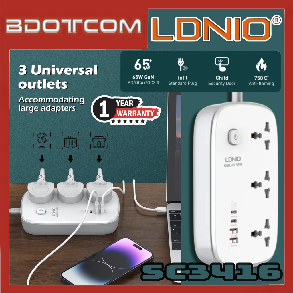 LDNIO SC3416 3250W Power Strip 3 AC Socket + 65W GaN Dual Type-C PD 3.0 ...