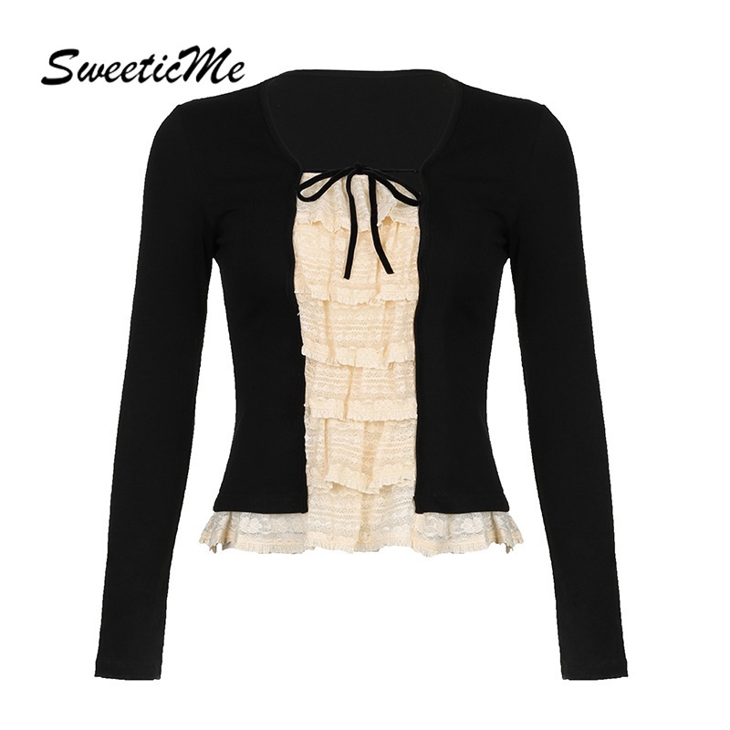SweeticMe Women's Tops 2023 New Fashion Lace Sexy Contrast Color Slim ...