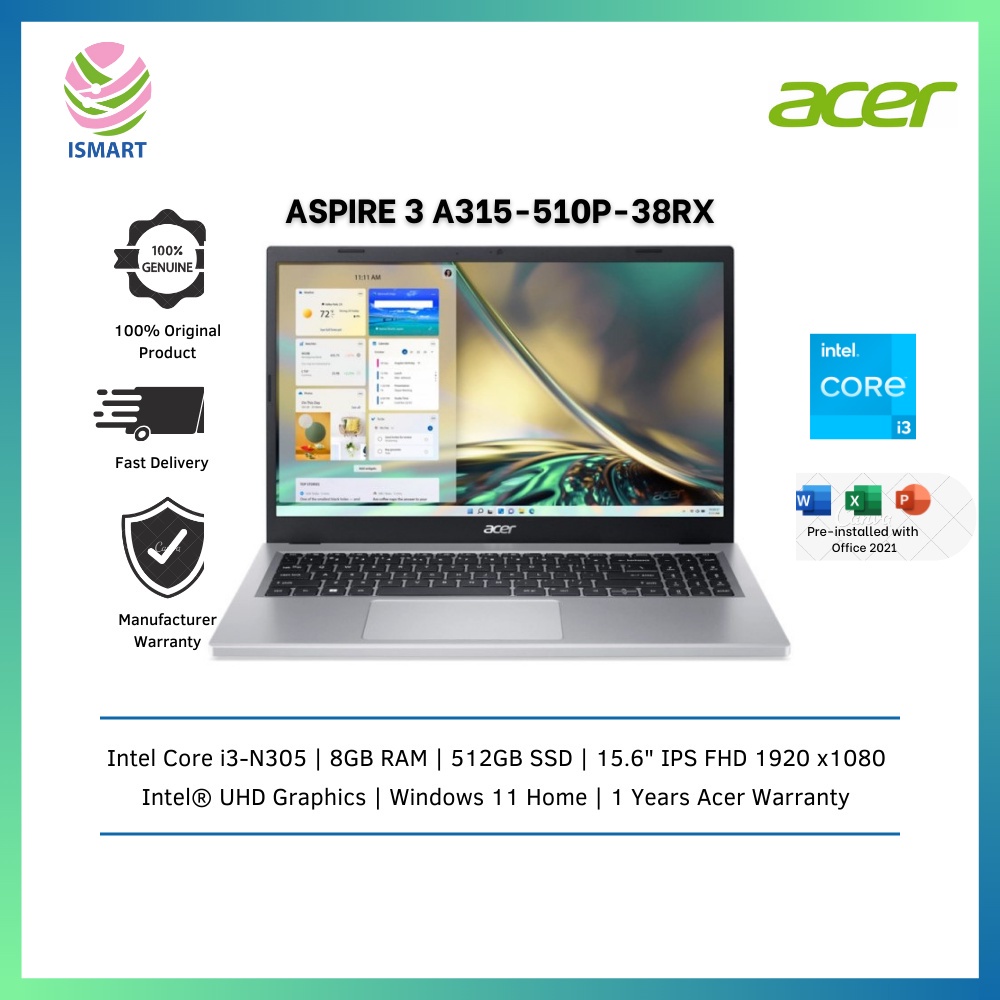 Acer Laptop Aspire 3 A315-510P-38RX 15.6'' FHD Pure Silver ( I3-N305 ...