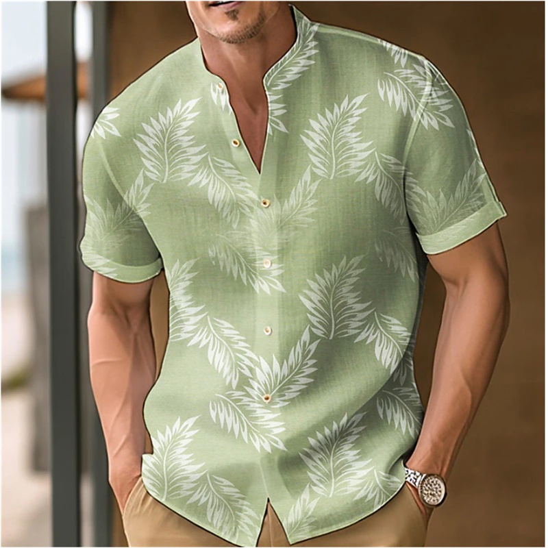Men's Shirt Leaf Print Stand Collar Black Blue Purple Green Outdoor ...