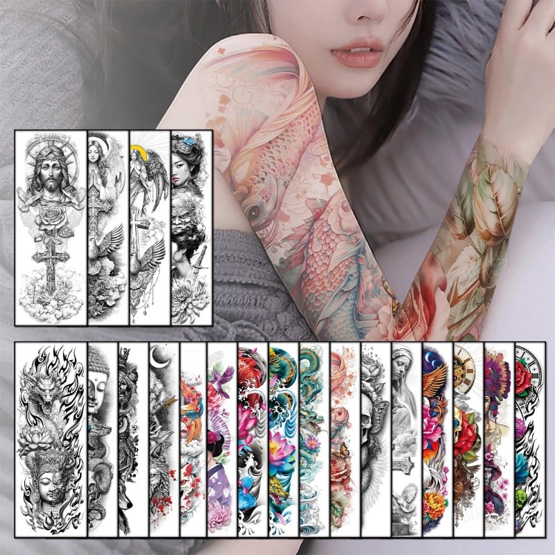 FULL SLEEVE ARM TEMPORARY TATTOO, BUDDHA, FLOWER, DEATH SKULL, MENS, WOMENS