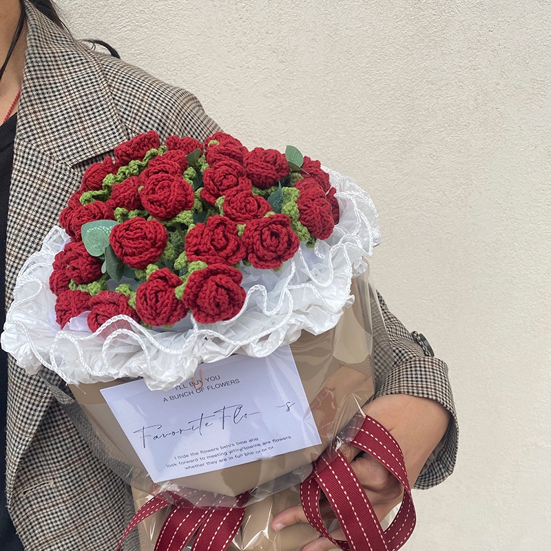 Red Knitted Flower Handmade Flowers for Girlfriend Birthday Gift