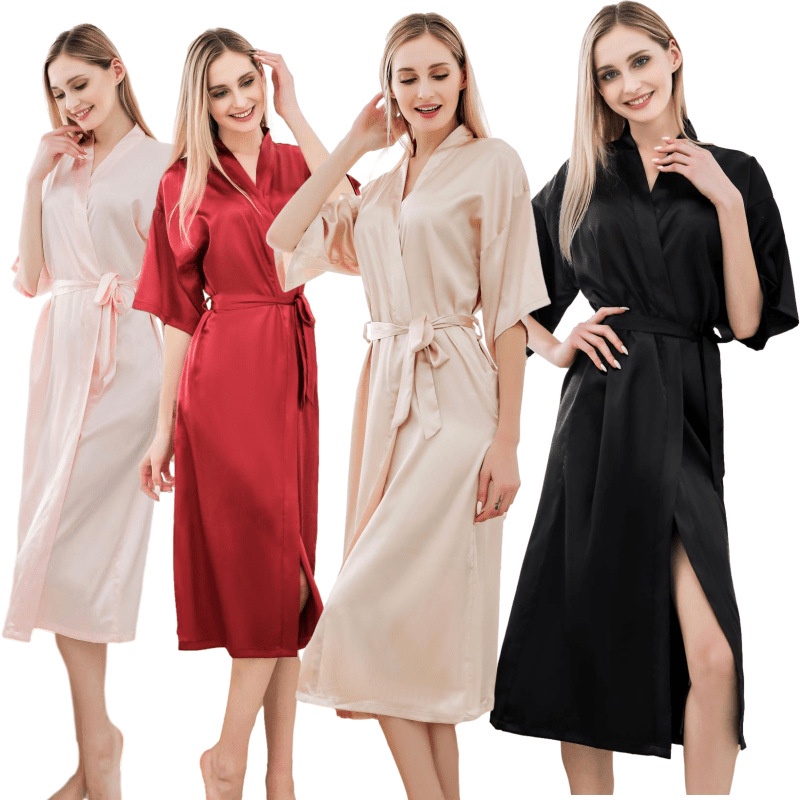 2023 Extended Nightgown Solid Color Micro-Stretch Dressing Robe Ladies ...