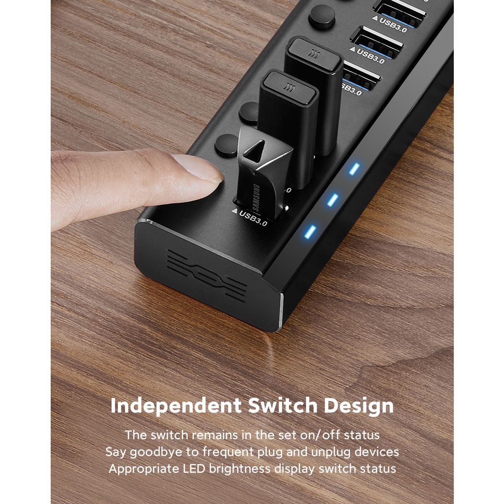 RSHTECH A37S USB Hub 3.0 Powered Aluminum 7 Ports USB3.0 Data Hub ...