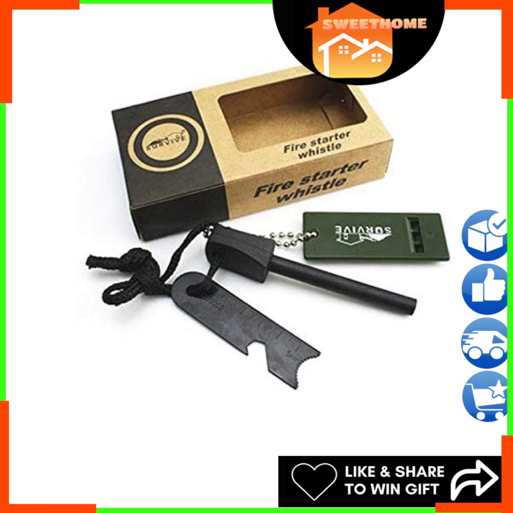 SURVIVAL Fire Starter & Whistle KIT Portable Spark Magnesium Stick and