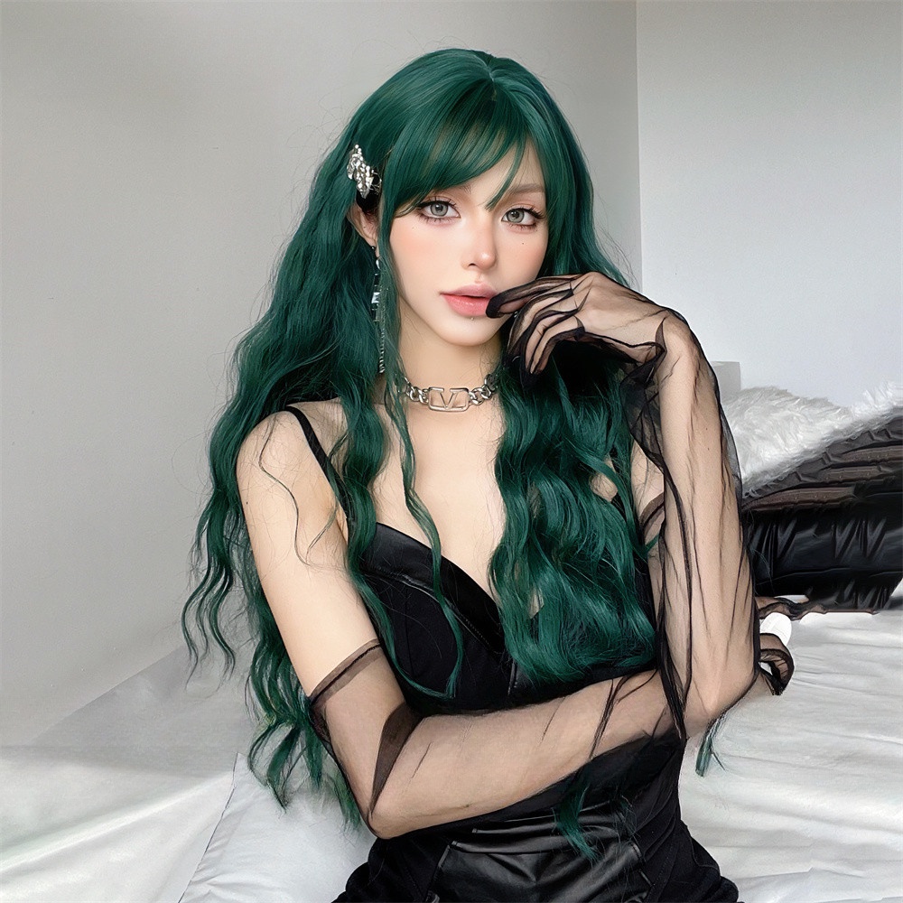 Dark green wig long best sale