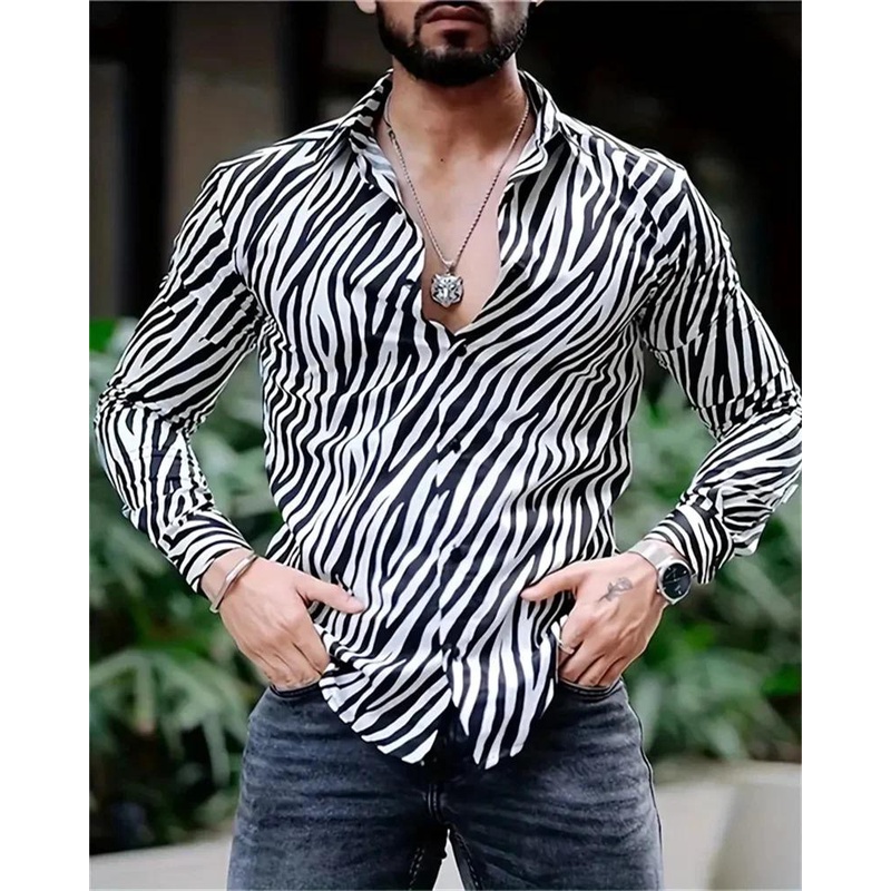 Fashion Leopard Print Men's Casual Button Lapel Long Sleeve Shirt Men's ...