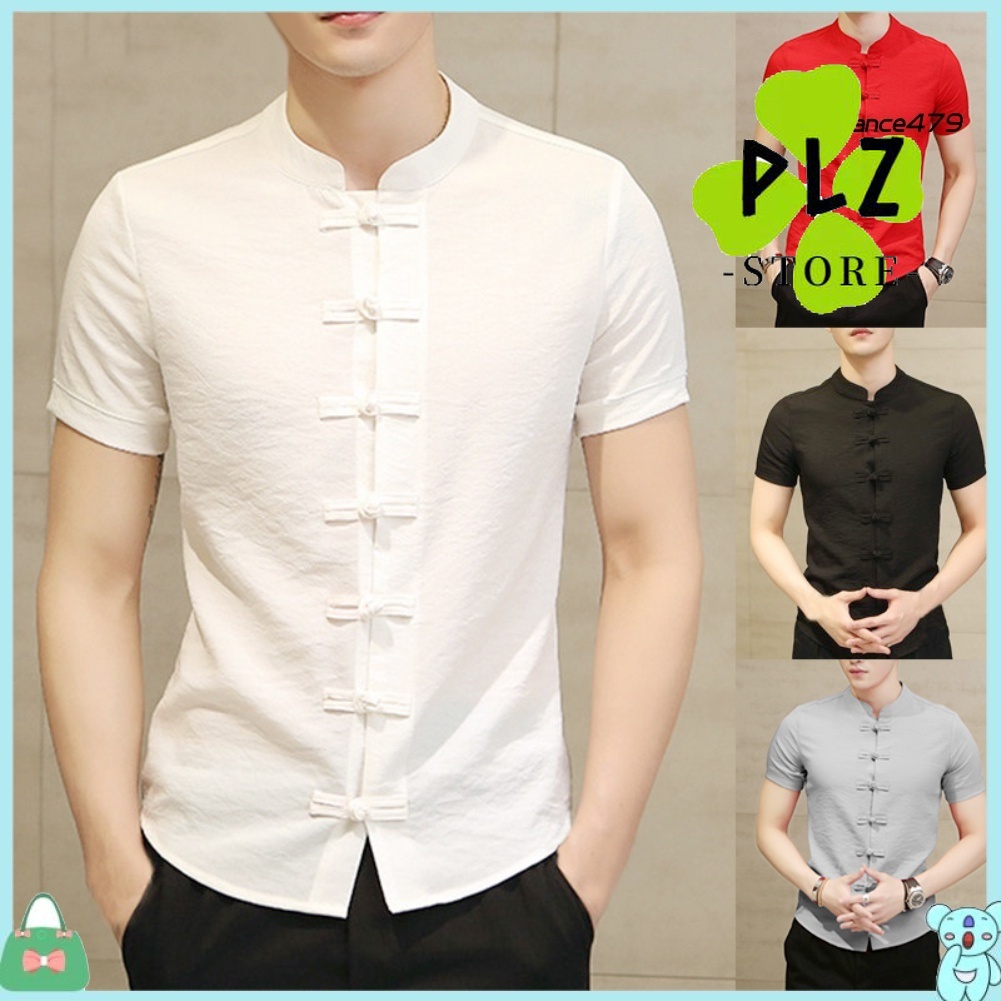 Modern Men's Short Sleeve Mandarin Collar Slim Fit Shirt Chinese Frog Button