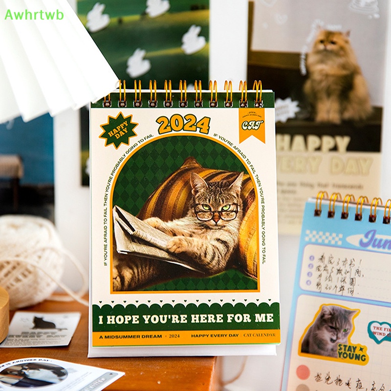 Awhrtwb Lovely Cat Calendar 2024 Portable Standing Tabletop Calendar