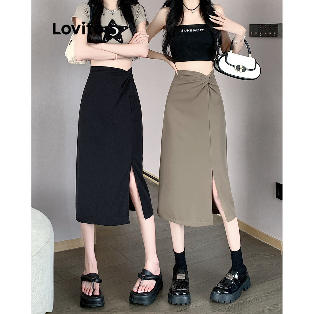 FD2 Lovito Casual Plain Knot Split Skirts for Women LNL37166 (Khaki ...