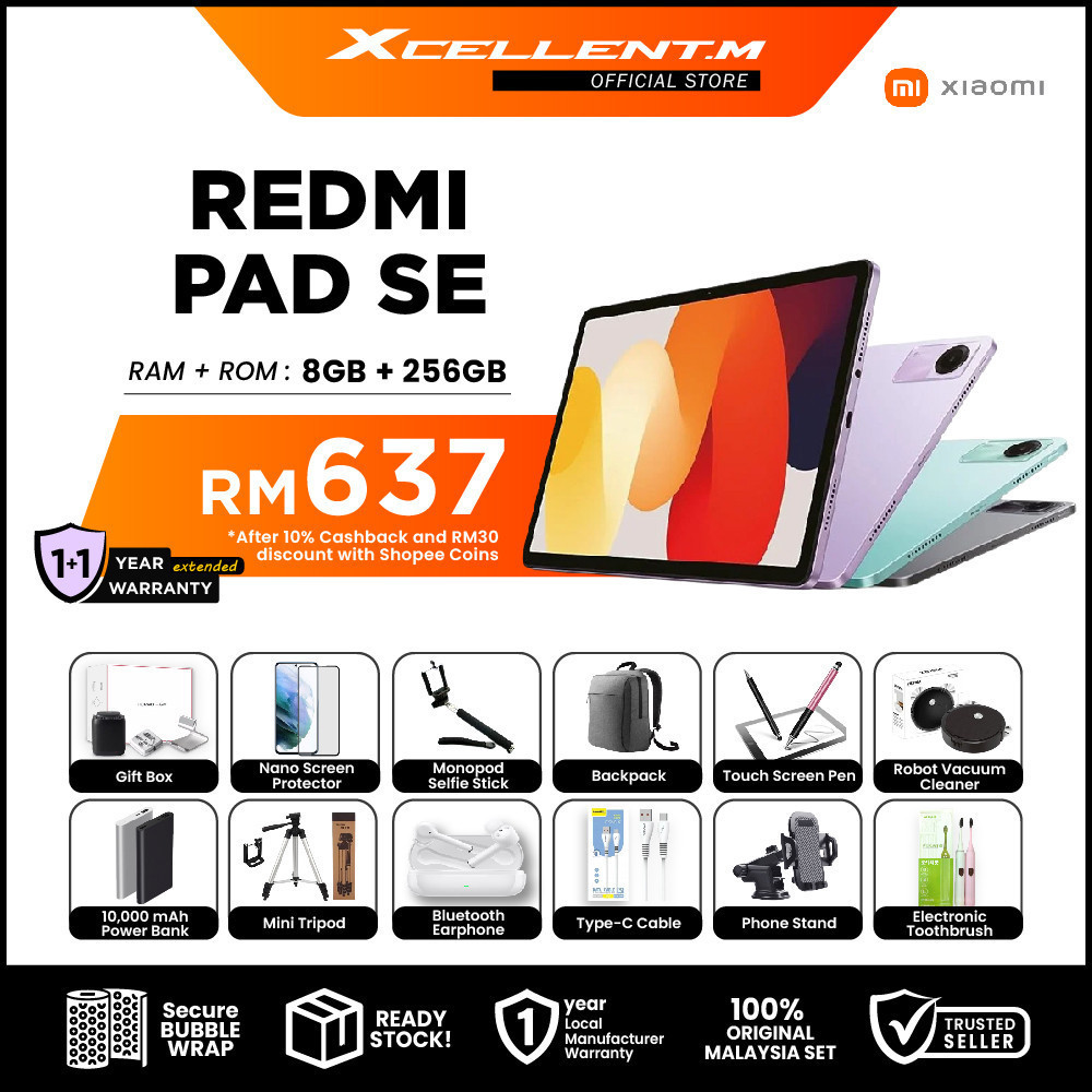 Xiaomi Redmi Pad SE 8GB Ram+256GB Rom (Original Malaysia Set) With Premium  Gift –