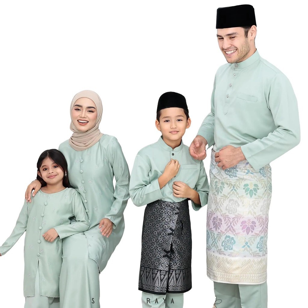 SHUHANA Baju Raya Family Set Sedondon Green Tea 2024 Viral Baju Kurung