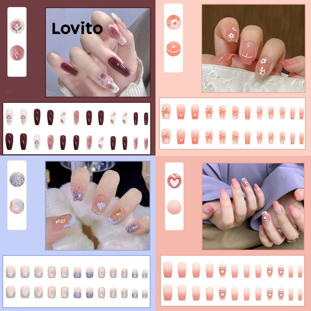 Lovito Casual Plain Colorblock Heart Fine Flash Artificial Nail for ...