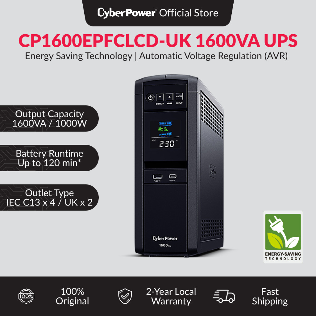 CyberPower CP1600EPFCLCD 1600VA/960W Pure Sine Wave UPS Backup Battery ...