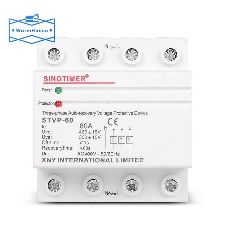 SINOTIMER STVP-60 3 Phase 380V 60A DIN Rail Auto-Recovery over and ...