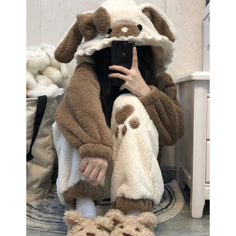 Spring Summer Korean Version INS Pajamas Korean Cute Bear Coral Fleece ...