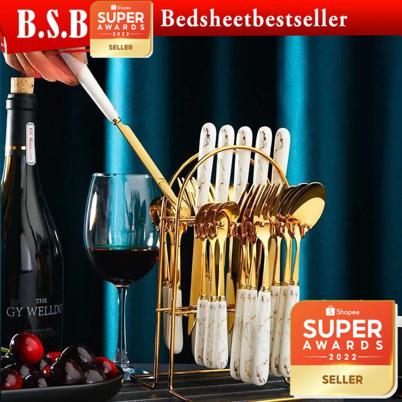 Premium 24 Pcs Stainless Steel Cutlery Set Gold Stripe Ceramic Handle ...