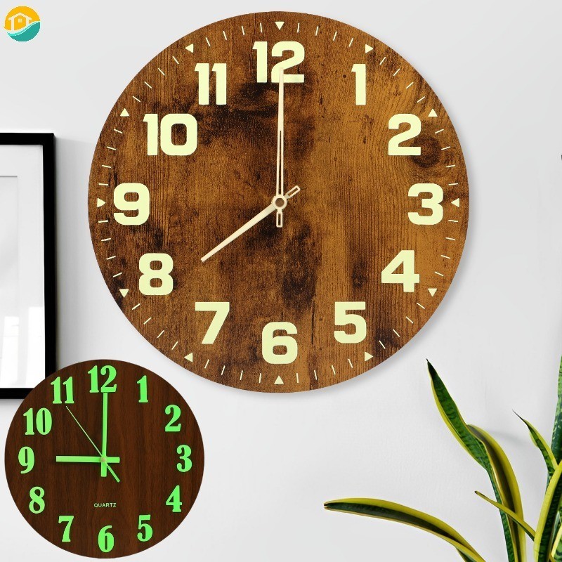 12inch Luminous Wall Clocks Wooden Glow in The Dark Clock Silent Non ...