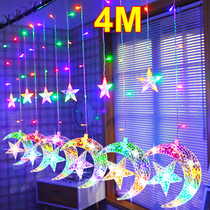 4M 138 LED Star Moon Curtain String Lights 8 Modes Decorations for Eid ...
