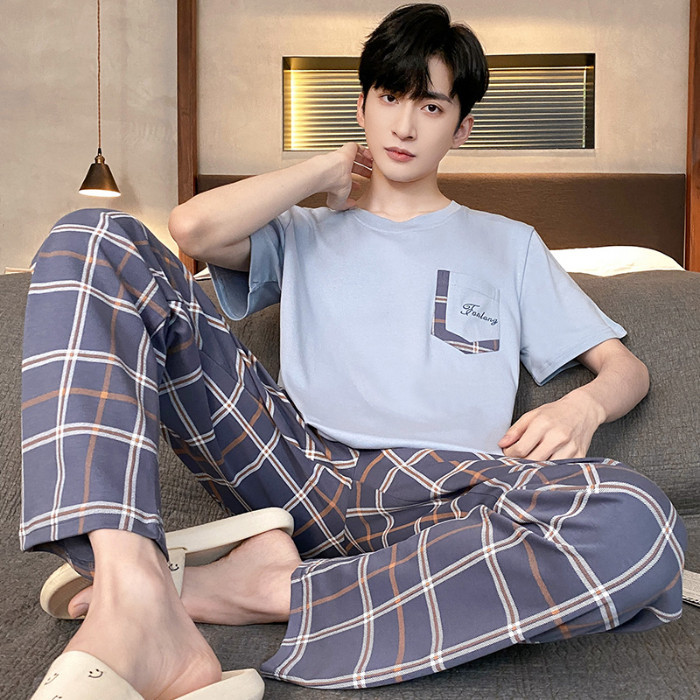 L 4XL Plus Size Pyjamas Men Cotton Short Sleeve Long Pants Young Man Sleepwear Can Wear Outside Boyfriend Gift O Neck Pajamas