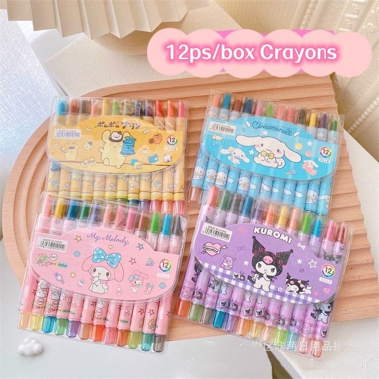 12pcs/box Sanrio Kuromi Crayons Cinnamoroll Melody Pochacco Pom Pom ...