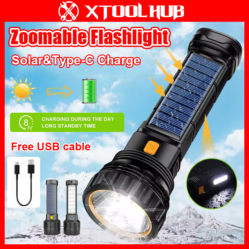 LED Torch Light Solar Type-C Charge Waterproof Zoomable Flashlight ...