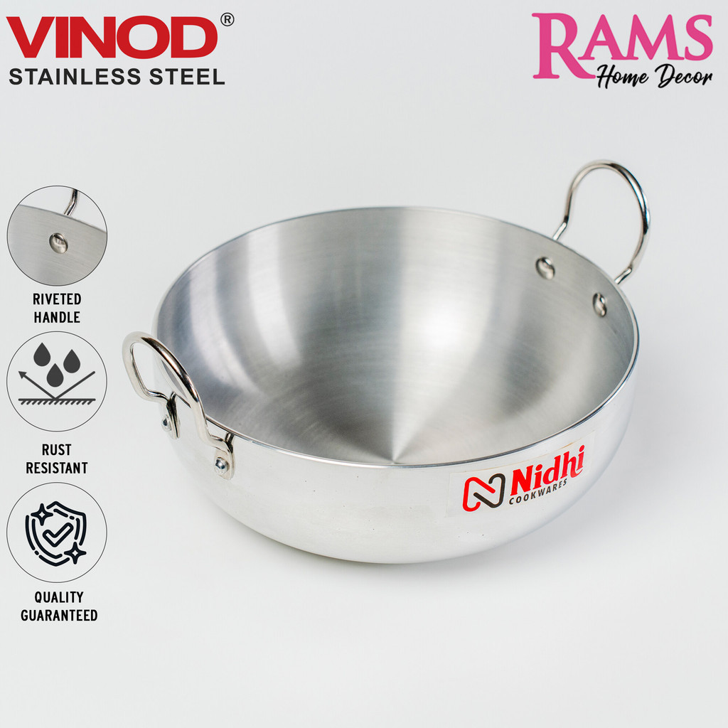 Vinod 22cm Nidhi Stainless Steel Hondalium Regular Kadai / Wok Pan ...