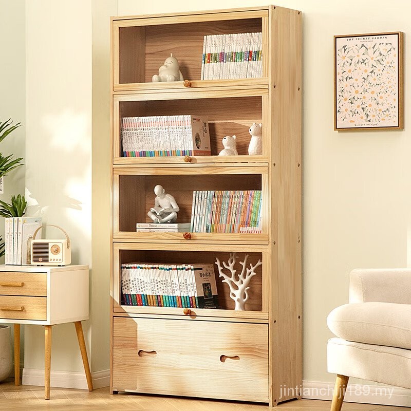 Wooden Horseman Solid Wood Bookshelf Floorstanding Antidust Bookcase with Door Simple Storage