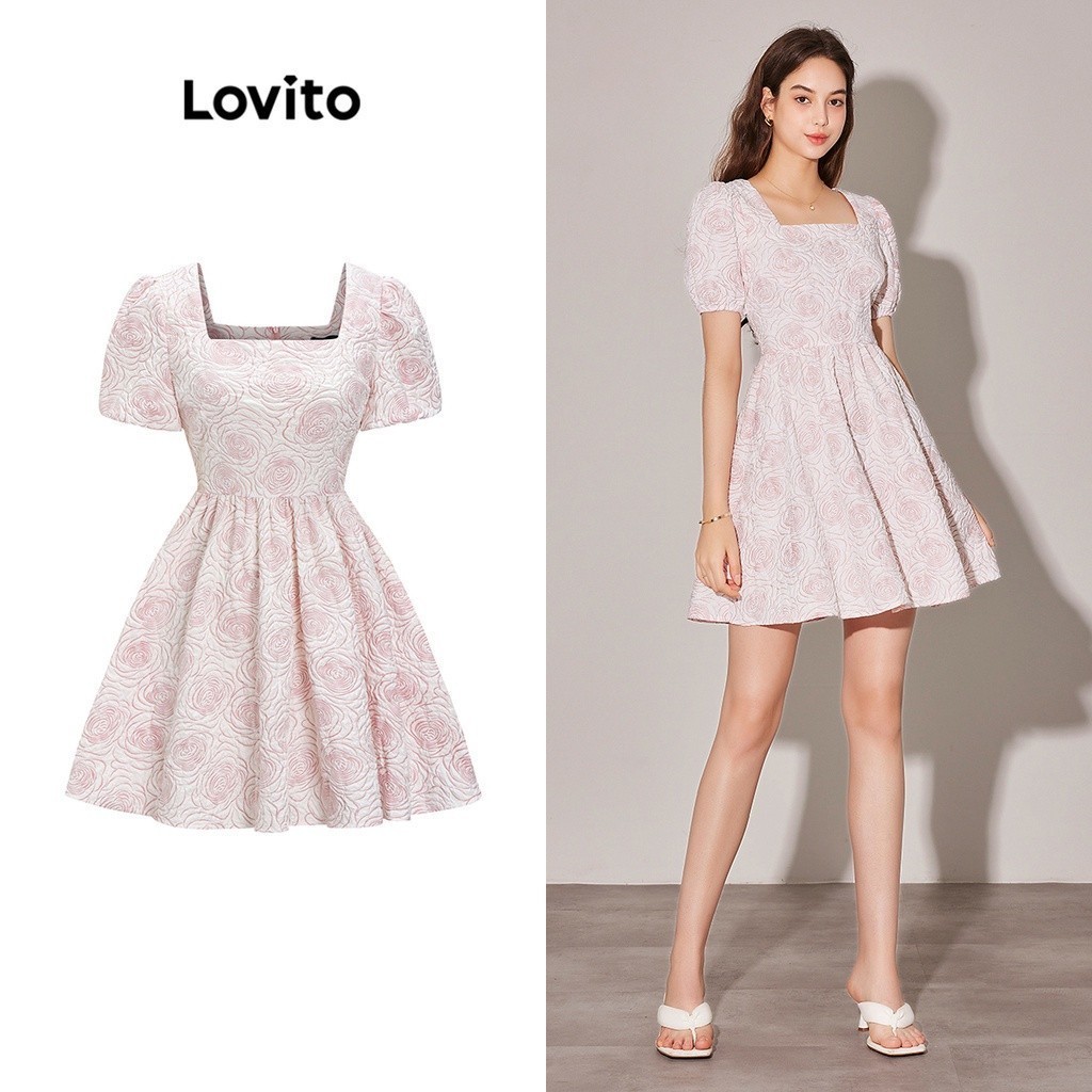 Lovito Casual Ditsy Floral Structure Line Ruffle Embroidery Zip Back Fastening Dress For Women