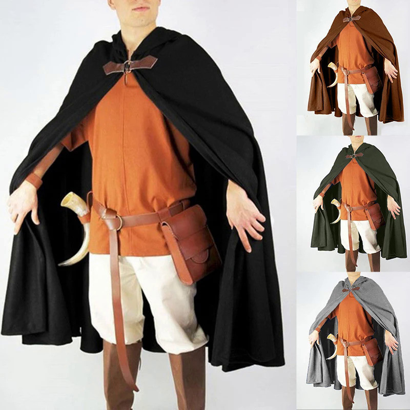 Medieval Cloak Men Retro Hooded Long Cape Coat Pirate Viking Cos 