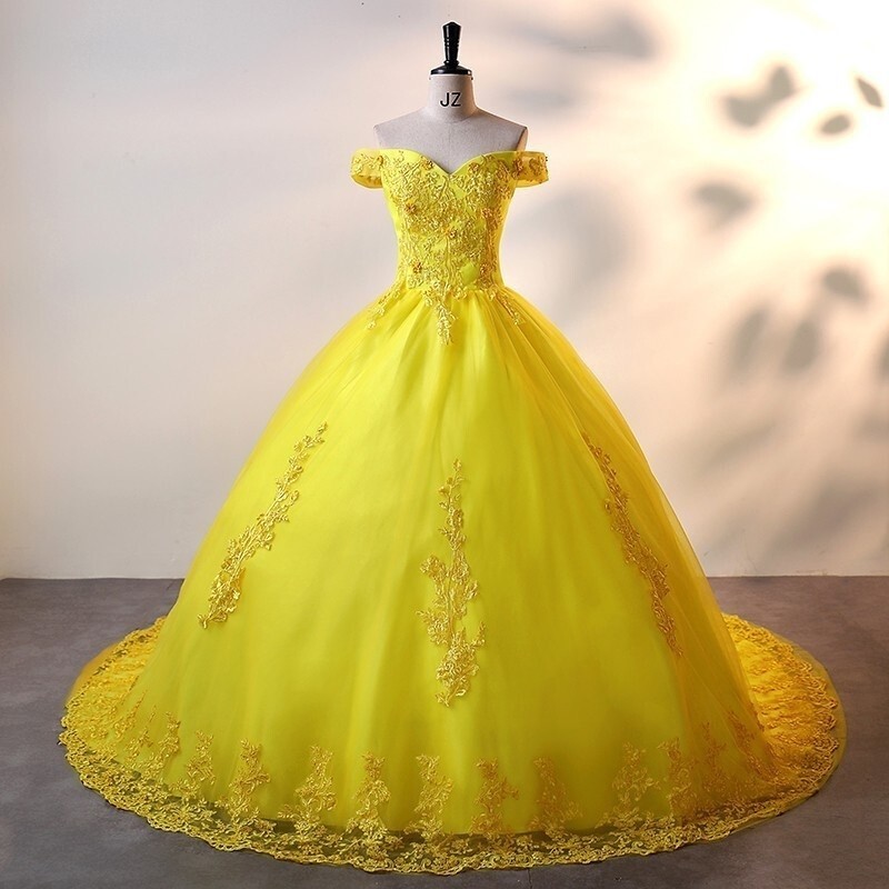 Elegant Yellow Wedding Evening Dress Off Shoulder Lace Embroidered ...