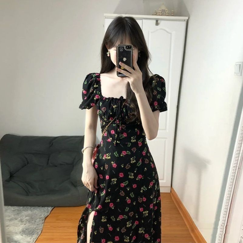 French black floral dress, square neck, puff sleeves, high-end waist ...