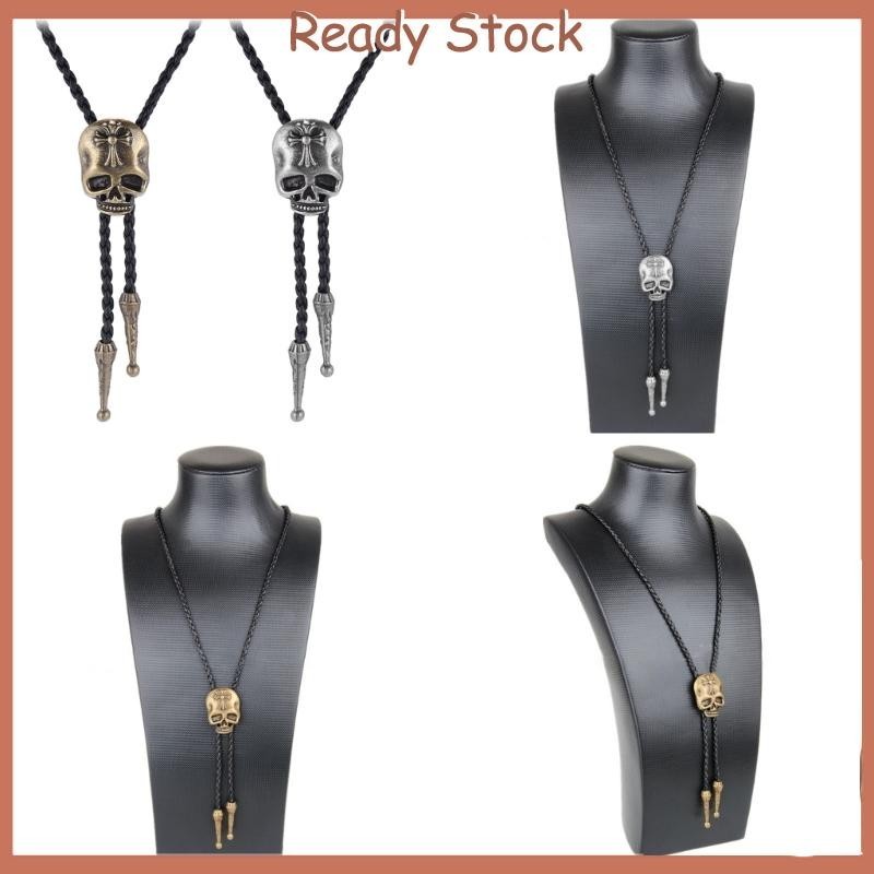 Vintage Skull Cross Knot Bolo Tie - Antique Silver Leather Necklace For Men