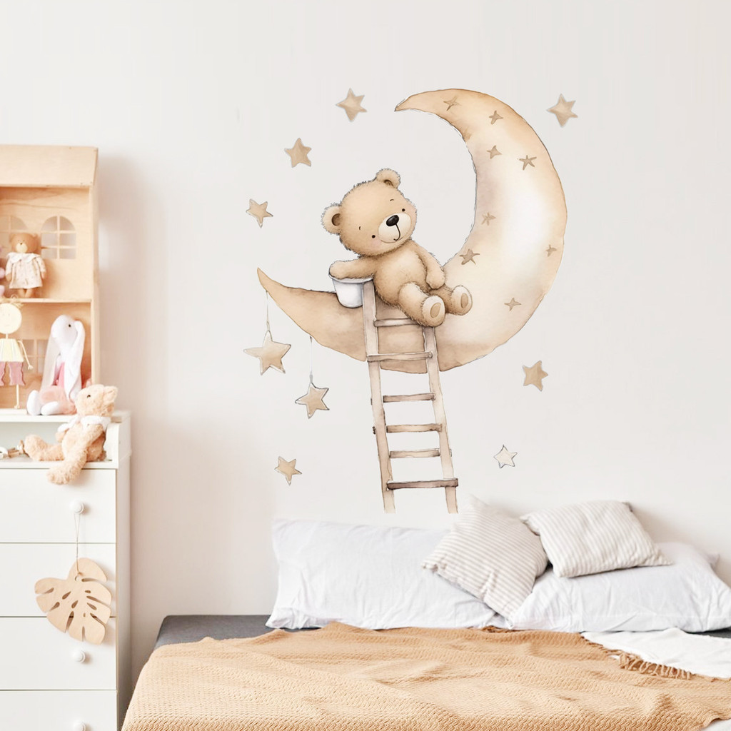 Cartoon Teddy Bear Sleeping on the Moon and Stars Wall Stickers for ...