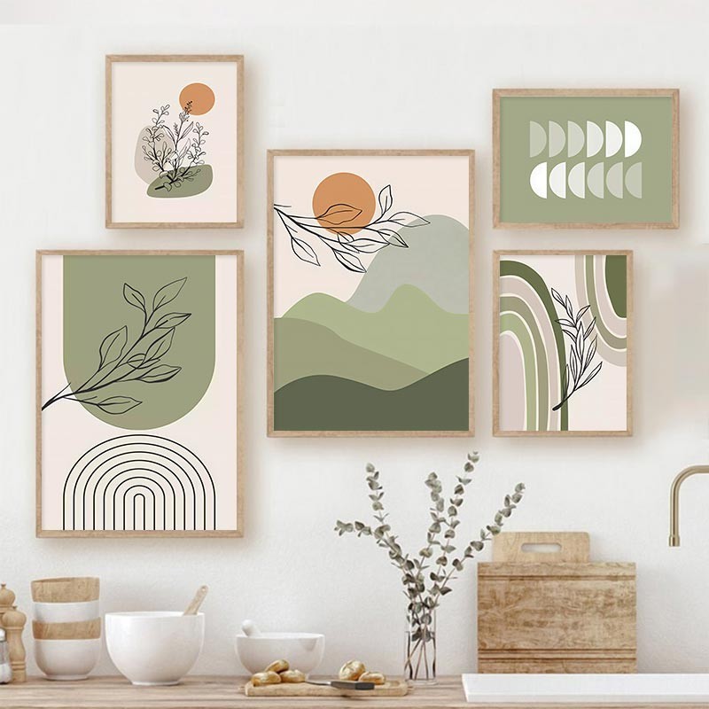Gallery Detail: Abstract Green Boho Sun Poster Geometric Line Leaves Canvas Paintings