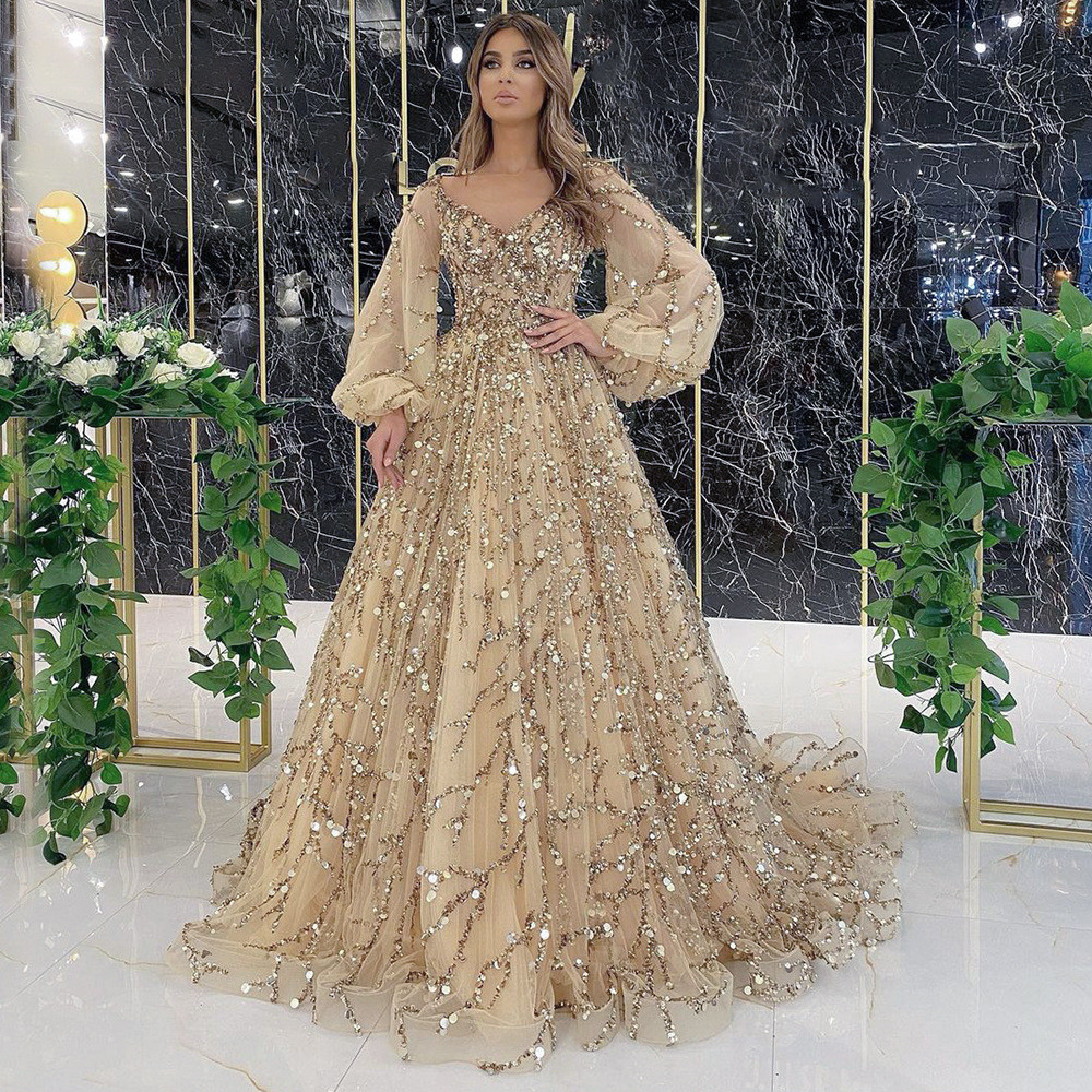 FLORAL🌸Gold Dress gown ball dresses party Beaded Ball Party Evening Dress Dress Sequined Lace Breathable and Transparent Birthday Party Long Sleeve Aura Queen Dress H2839