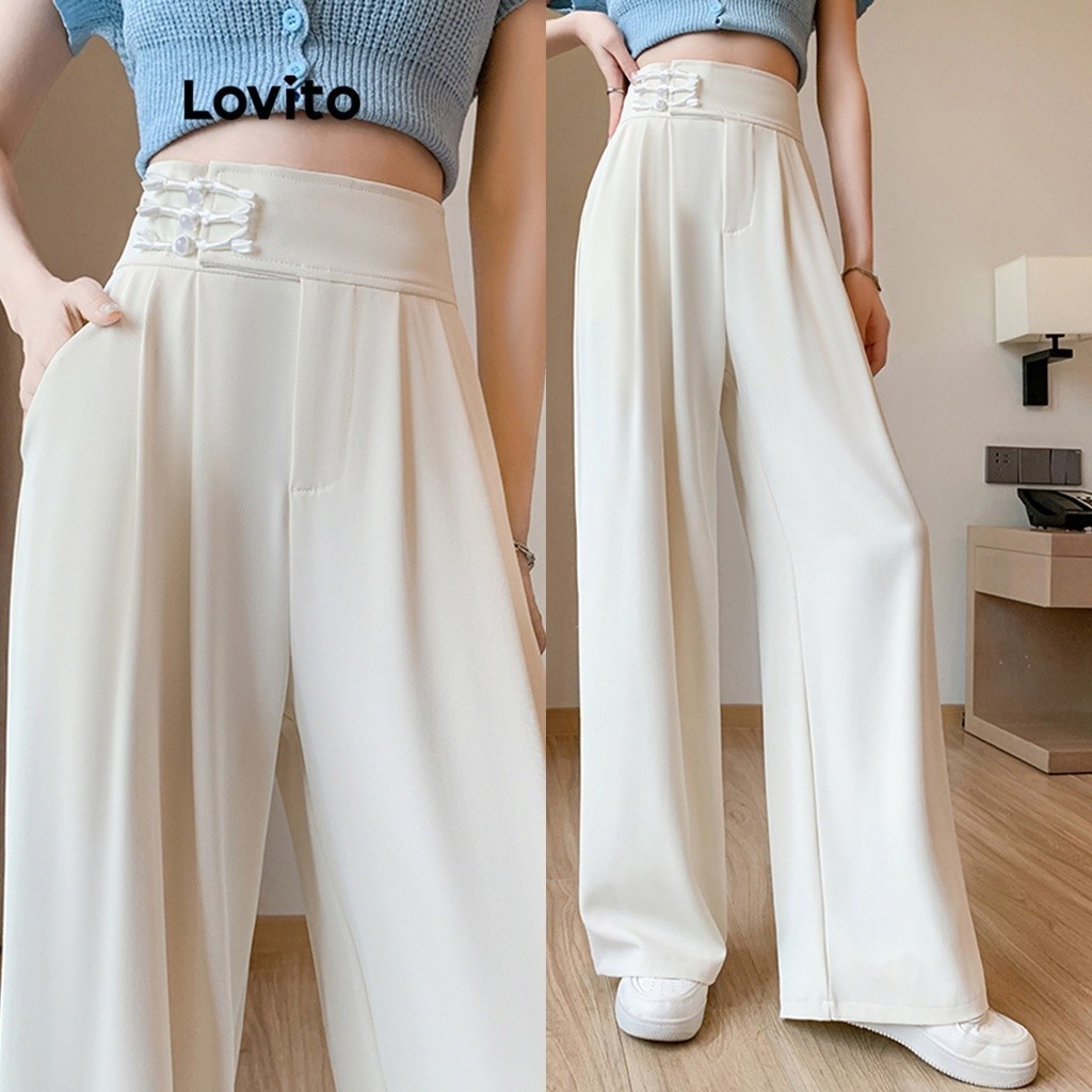 Lovito Casual Plain Button Pocket Pants for Women LNE35005 (Off White ...