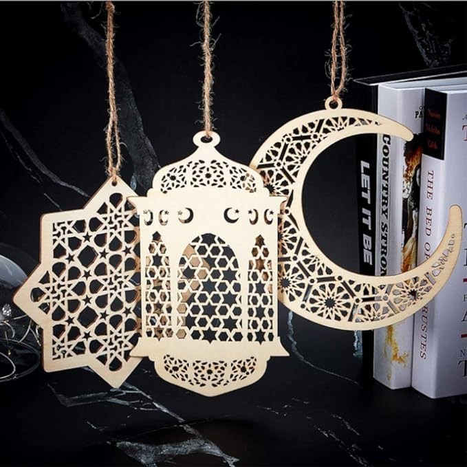 Ramadan Kareem Wooden Hanging Ornament with Ropes Hollow Moon Star ...