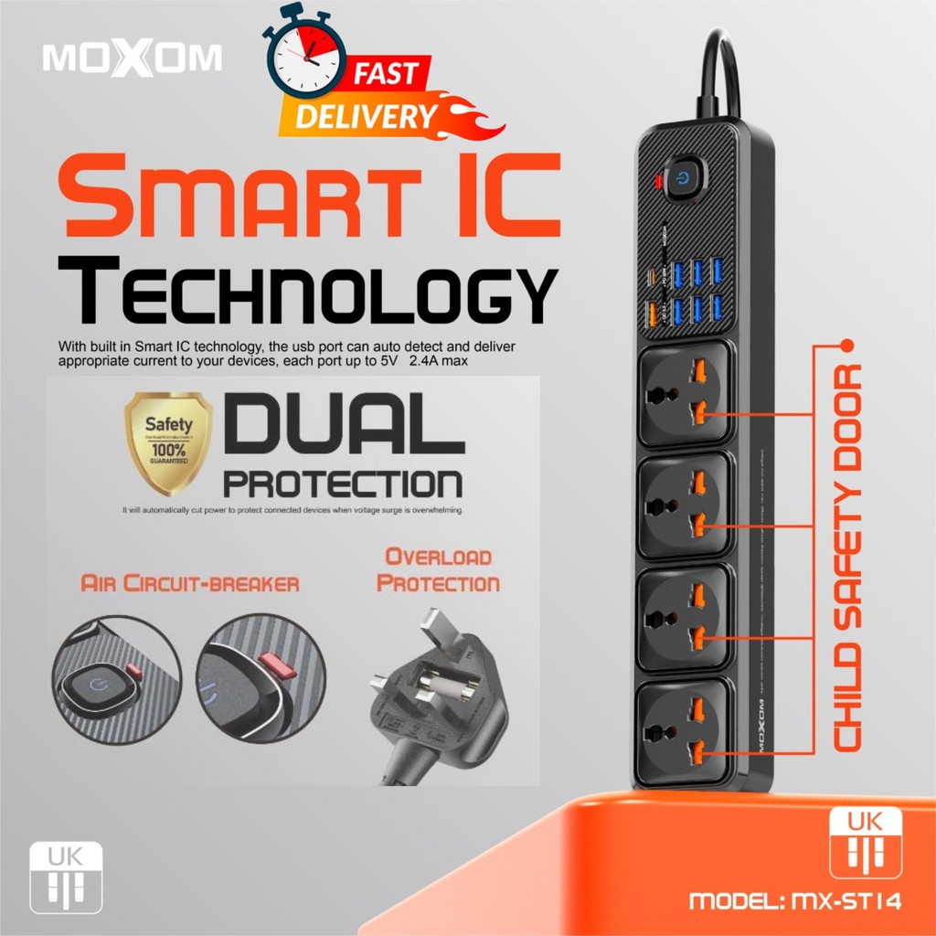 Moxom 2M Power Socket PD+QC 12in1 Extension Cord MX-ST14 Wall Power ...