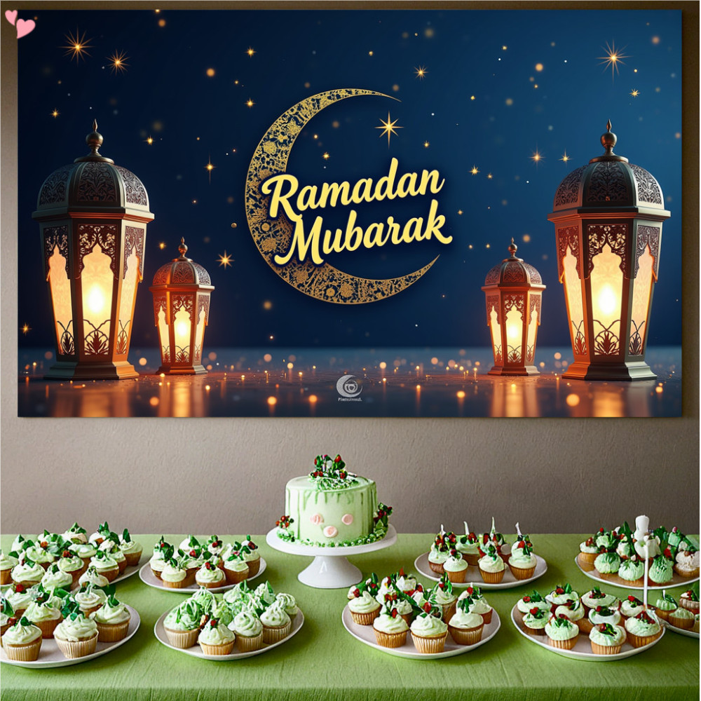 Ramadan Mubarak Banner Decor with Lanterns and Crescent Moon Ramadan ...