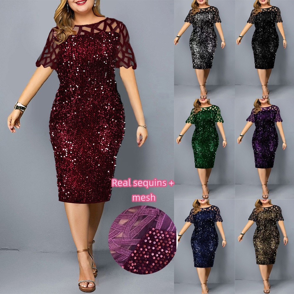 (M~5XL)Women's Plus Size Elegant Real Sequins Mesh Sleeve Midi Dress ...