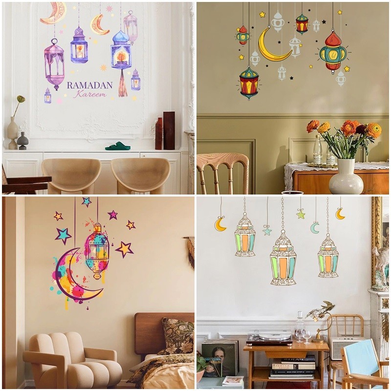 Etiquette Eid Mubarak Autocollants Fenêtre Eid Mubarak & Ramadan | Déco Festive 9 Pièces | 30x20cm | Sans Trace Autocollant Aid Moubarak