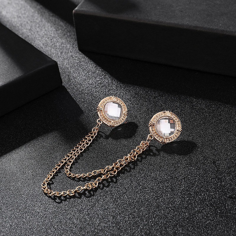 Men's Shirt Collar Brooch Chain Circular Crystal Gemstone Brooch