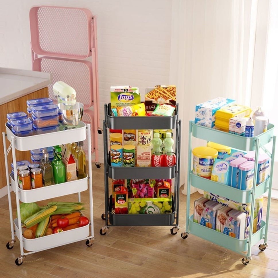 B2U Multifunction 3 Tier Trolley Storage Rack Foldable Trolley Lockable ...