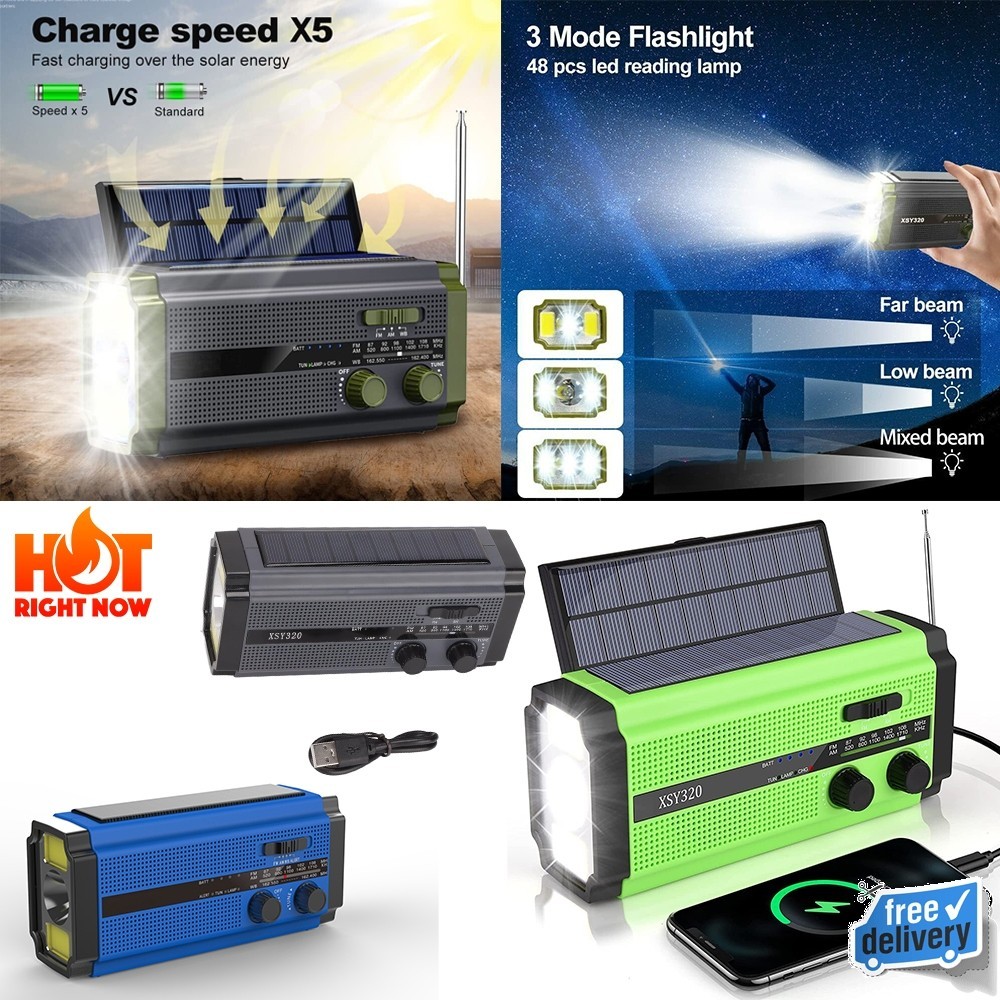 Emergency Solar Wind Up Hand Crank LED Flashlight FM/AM Weather Radio ...