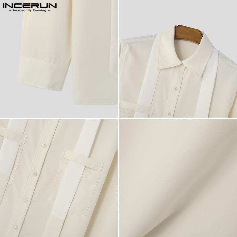 INCERUN Men Korean Fashion Patchwork Ribbon Long Sleeve Design Shirts ...