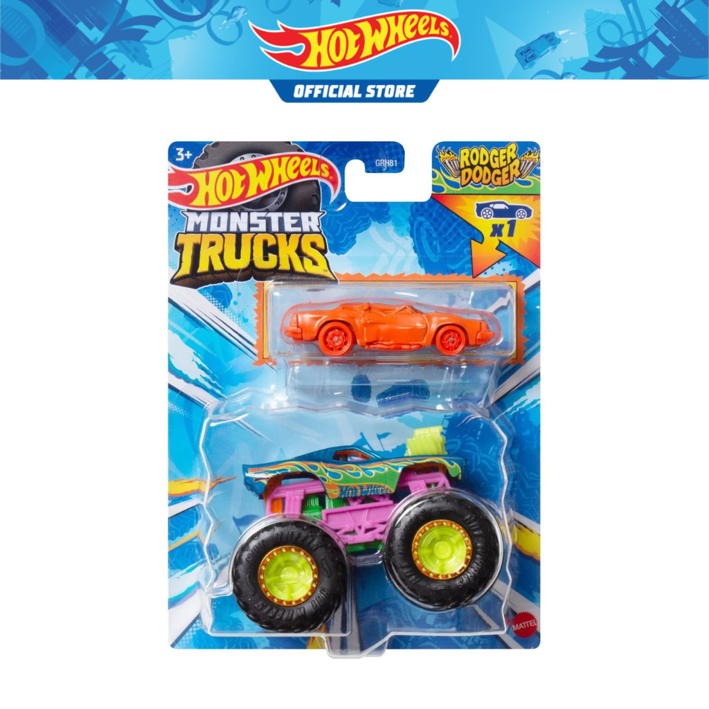 Hot Wheels Monster Trucks 1:64 Die-cast Truck+Car Assortment Rodger ...