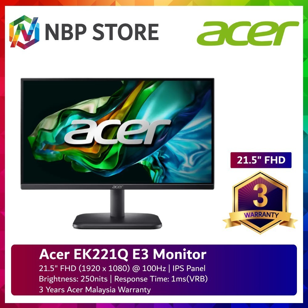 Acer EK221Q E3 21.5" FHD IPS 100Hz Monitor ( HDMI, VGA, 3 Yrs Wrty ...